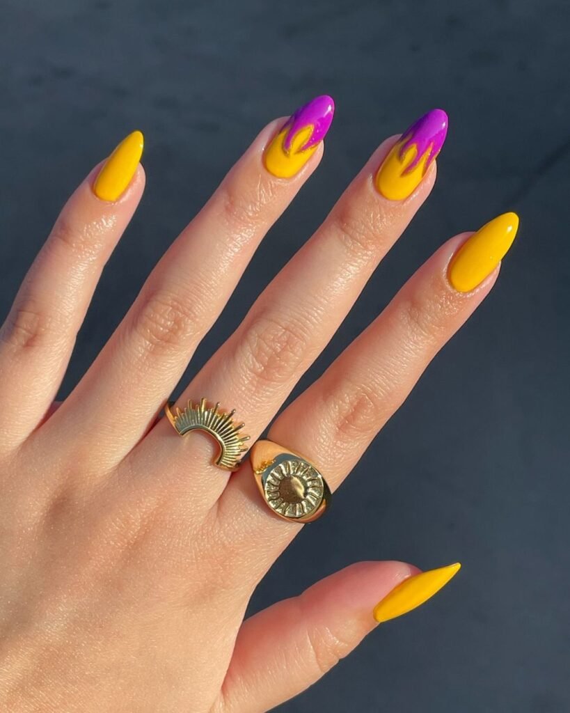 Fiery Purple Yellow Short Oval Summer Fingernails Design