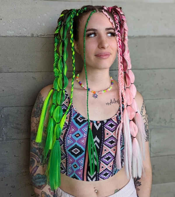 green and pink ponytail braid hair for festival
