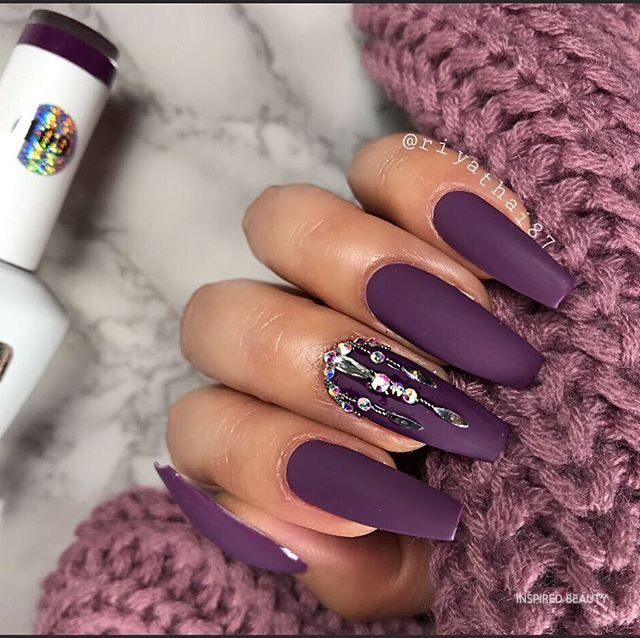 coffin dark purple nails