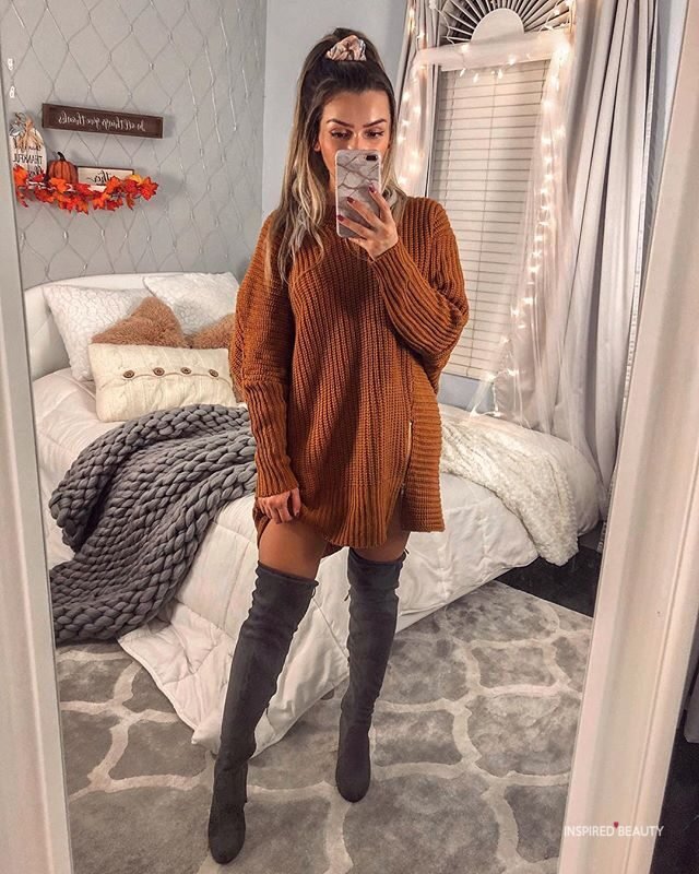 brown dress sweater with grey over the knee boots on woman