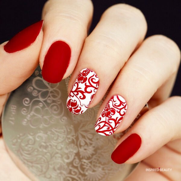 Matt Red and White valentines Design Short Nails