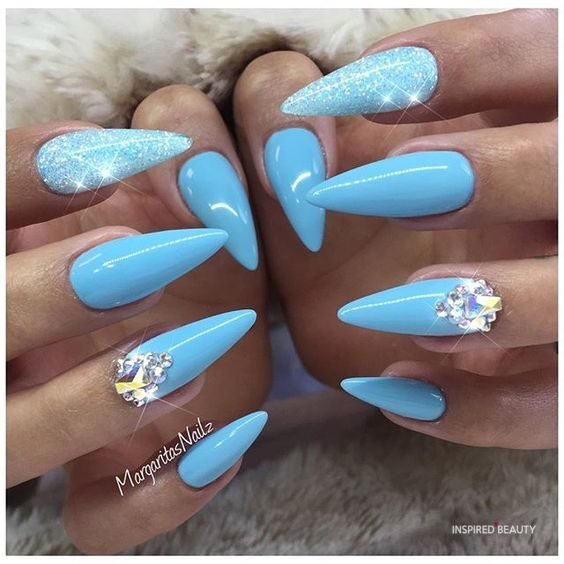 Long Light Blue Nails with Rhinestones and Glitter