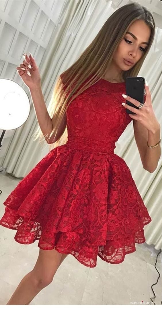 Women Rose Red Lace Valentines Dress