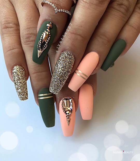 matte coffin nails with gold glitter and green and peach