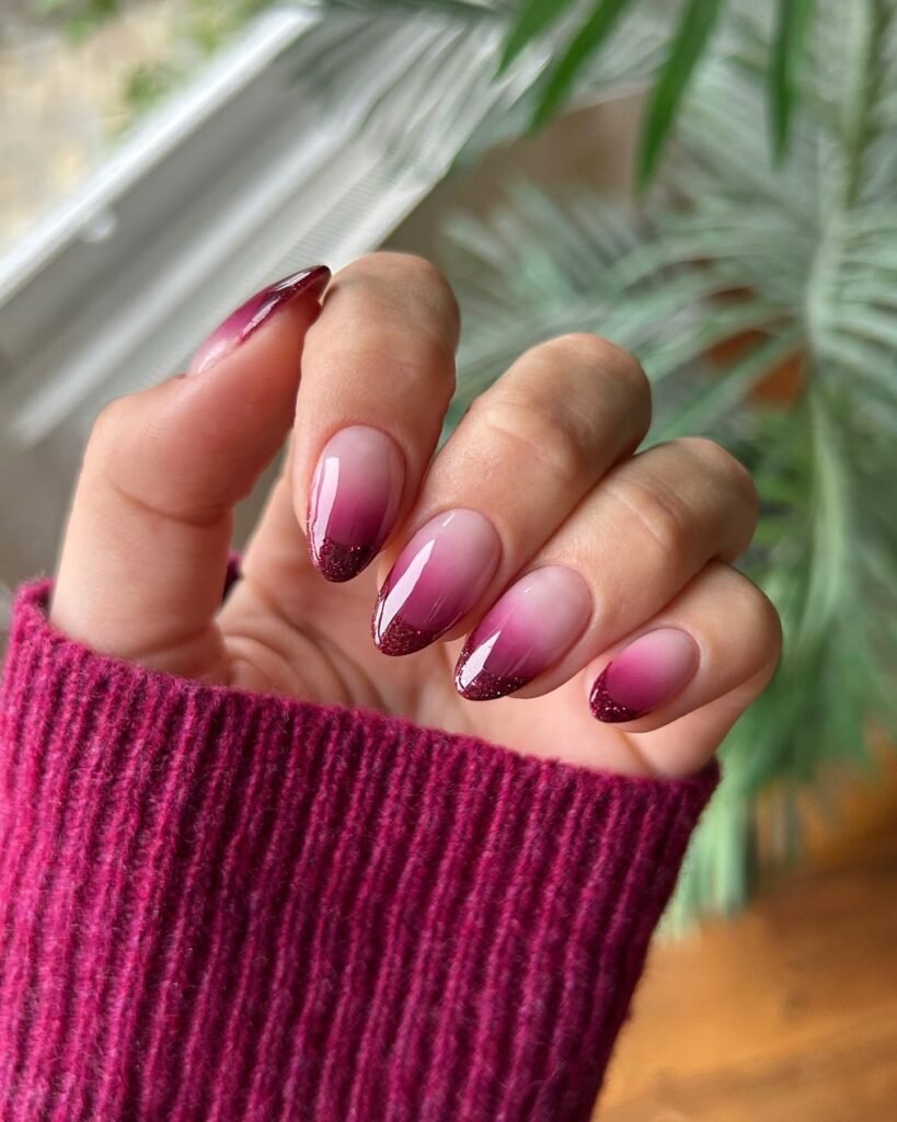 short burgundy anils with glitter tips