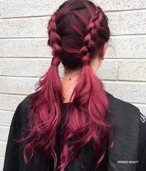 Braided Ponytails Hairstyle with Burgundy Color