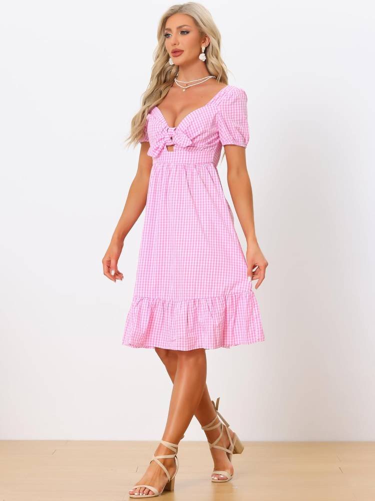 Cut-Out Plaid Tie Front Ruffle Dress