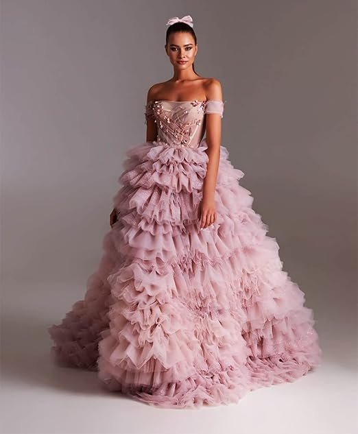 Evening Dress Off Shoulder Elegant Pink Tiered Sweep Train Beaded Prom Dress