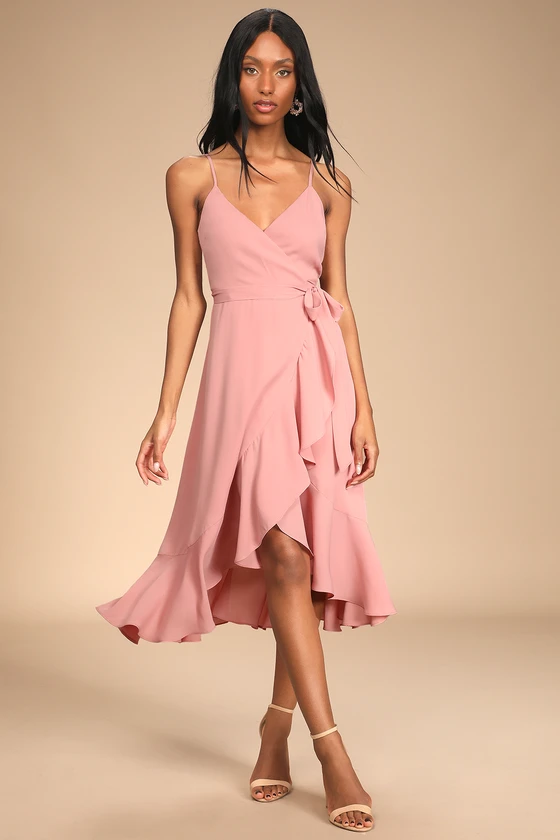 Ruffled Midi Wrap Dress Baby Pink