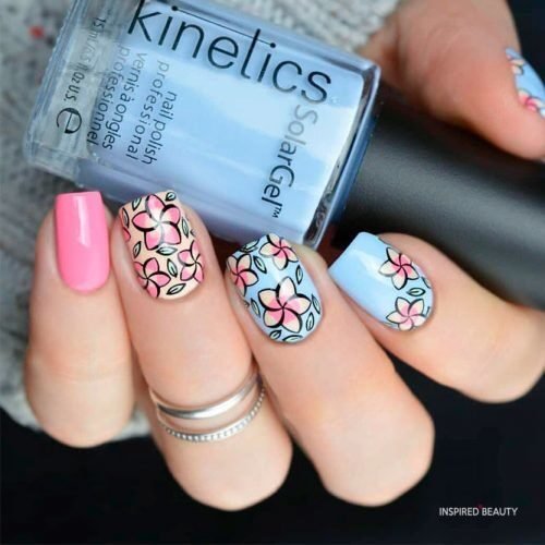 Blue March Nails with Flowers