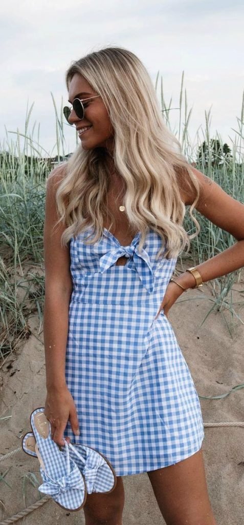 Sky Blue Plaid Dress with matching Shoes