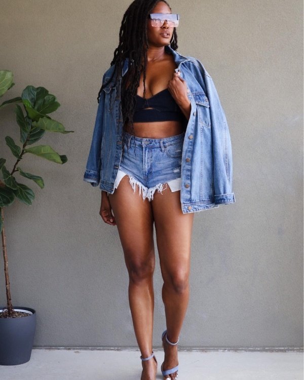 double denim jacket outfit with denim shorts