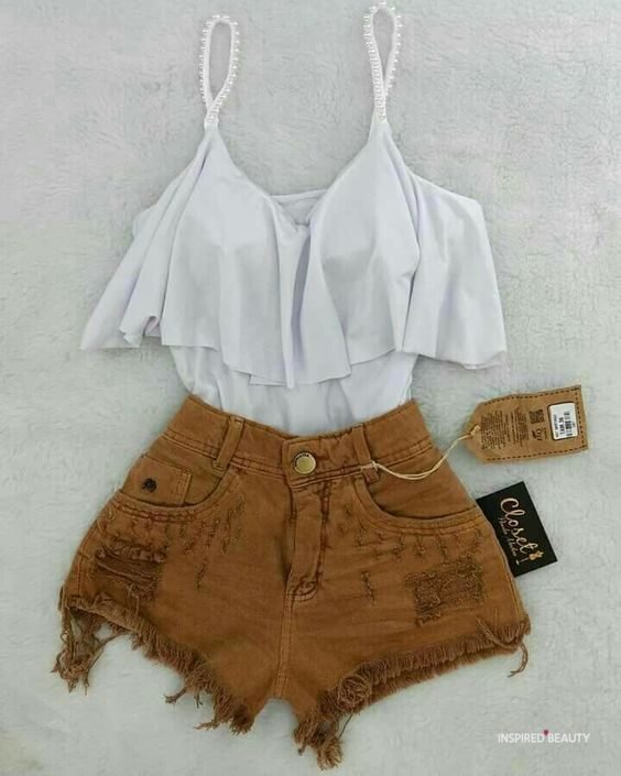 Brown Jeans Short, with White Top Outfit