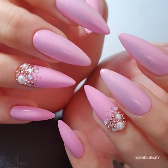 pink acrylic nails with rhinestones