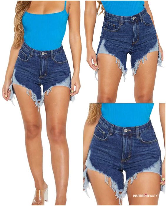 Ripped Mid Rise Stretchy Denim Shorts