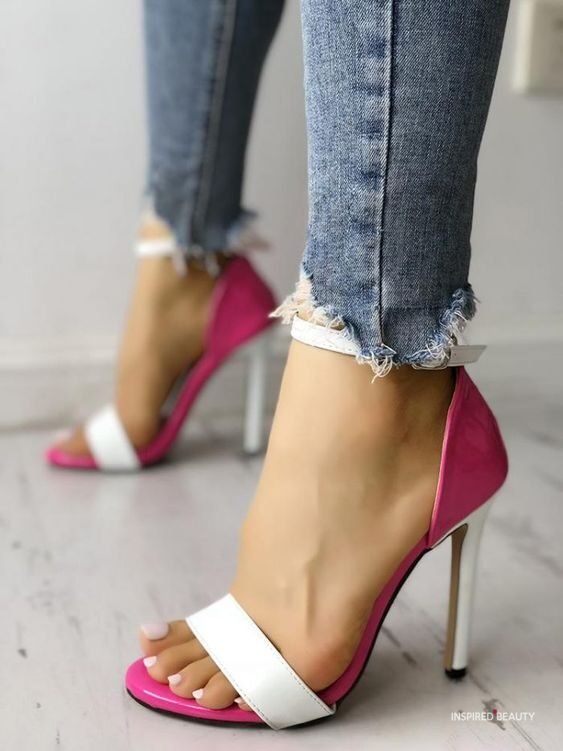 Pink and White Open Toe Stilettos Heels 