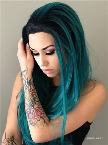Long Green and Black hair color