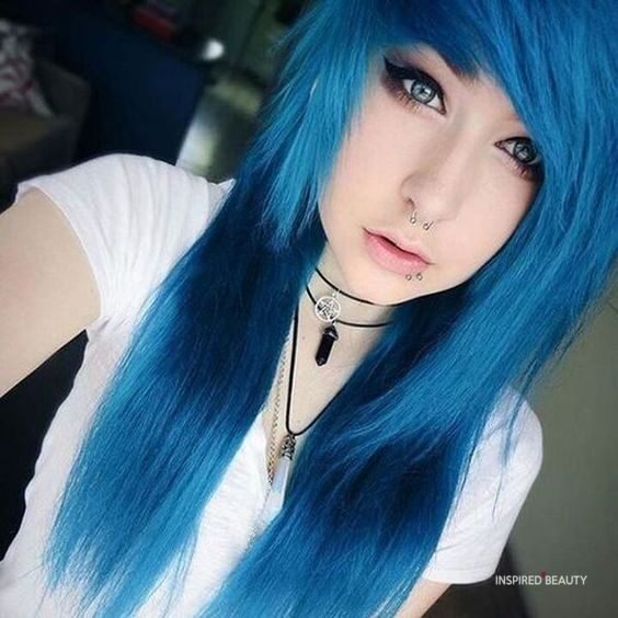 Bright Blue Fluffy Emo Hairstyles with Bang