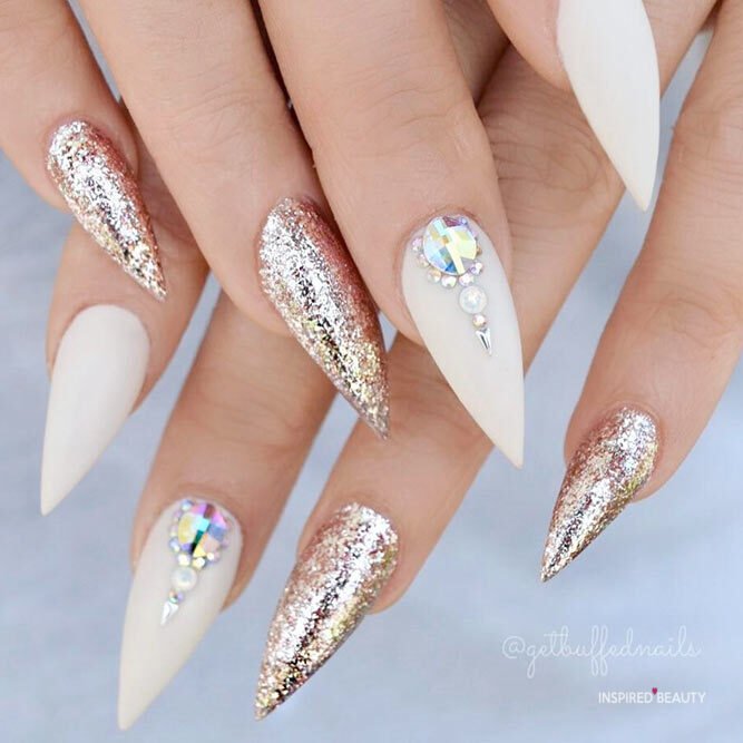 white nail designs with gems