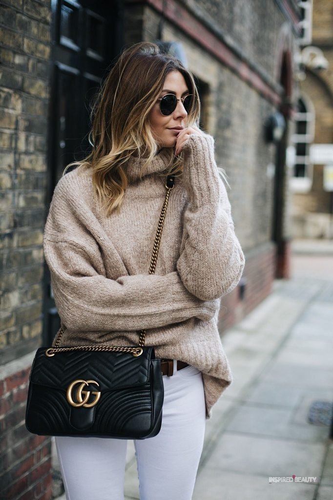 stylish winter fashion with sweater and Gucci bag 