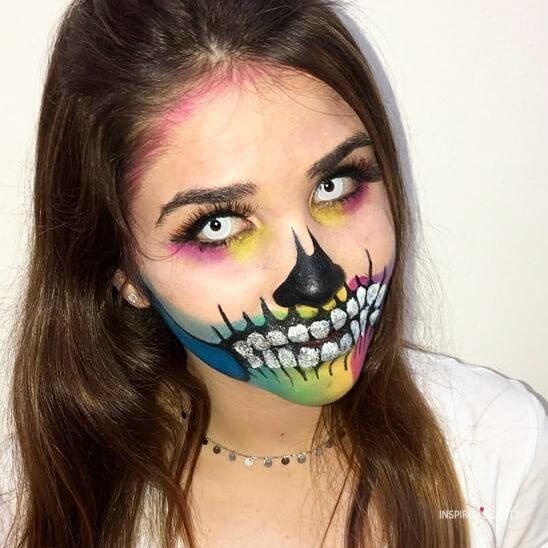 Multi-color with white and black contacts Skull Halloween makeup 