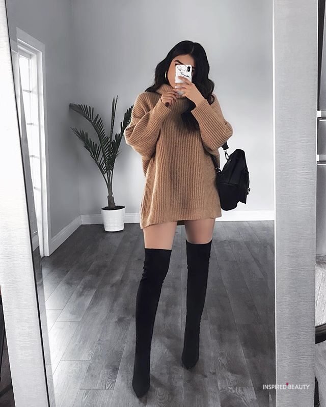 sweater dress outfit, brown with black over the knee boots