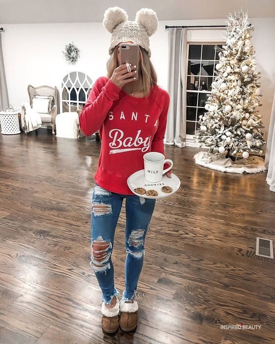 Red Christmas sweater with bunny ears beanie 