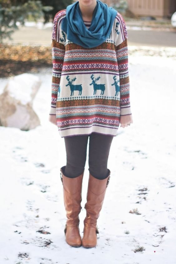 Gorgeous Christmas Sweaters Women with brown boots and scarf 