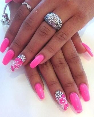 hot pink nails with diamonds