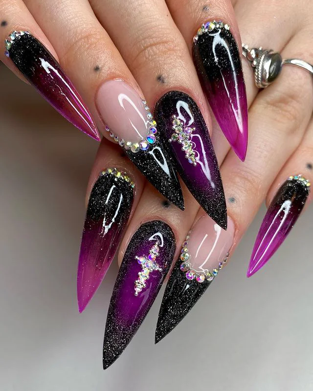 black and purple stiletto nail designs
