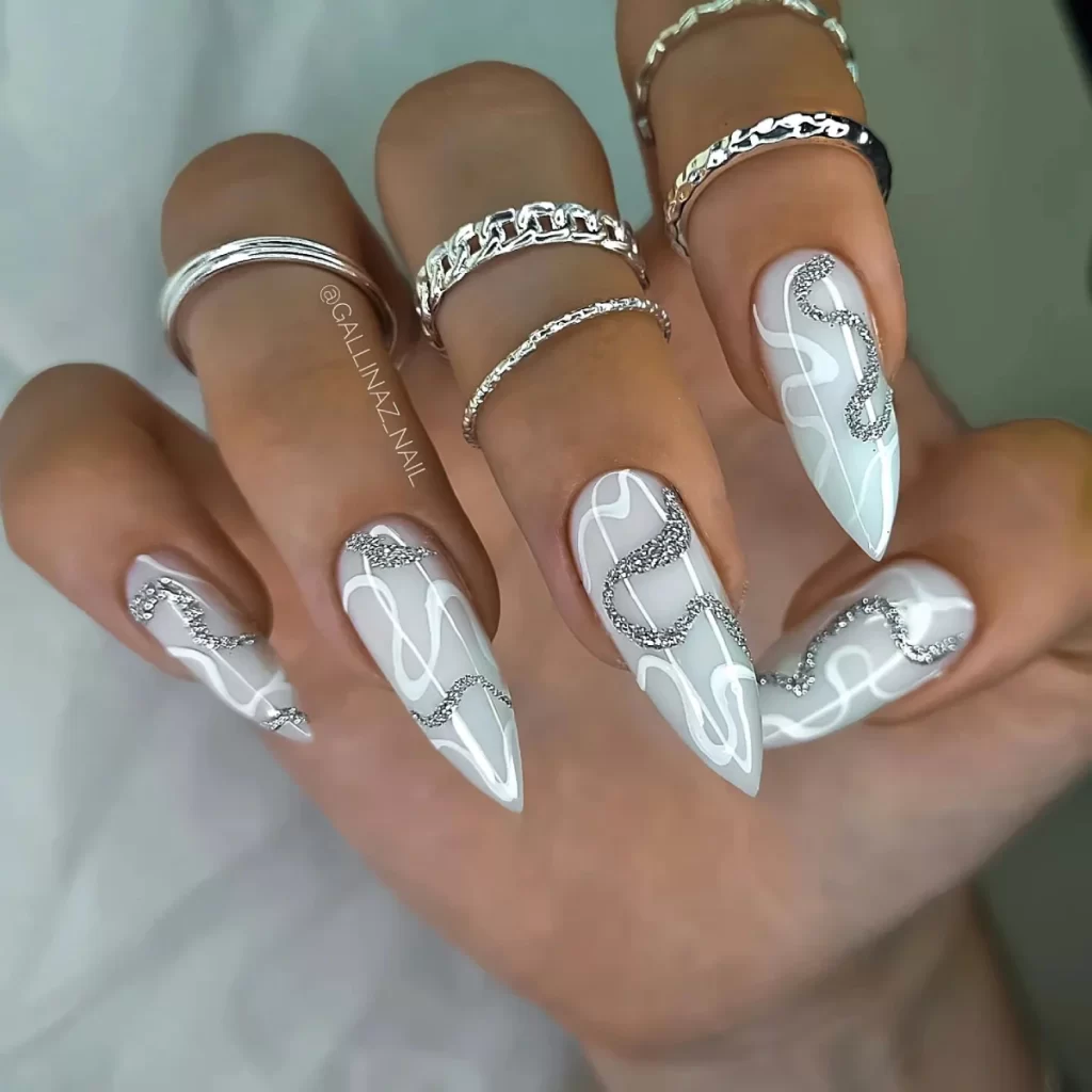 white silver stiletto nails