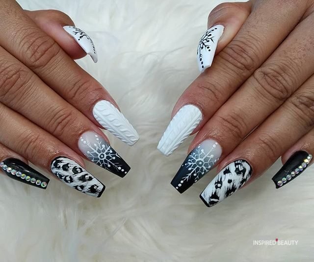 white nails with black design