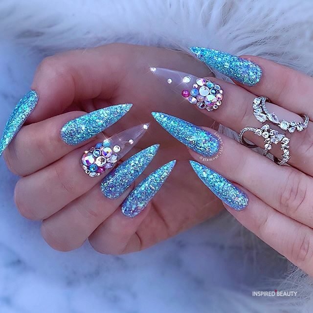 Blue winter stiletto nails 
