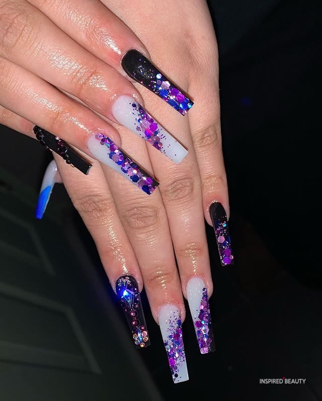 Bling Long Coffin Nails With Rhinestones