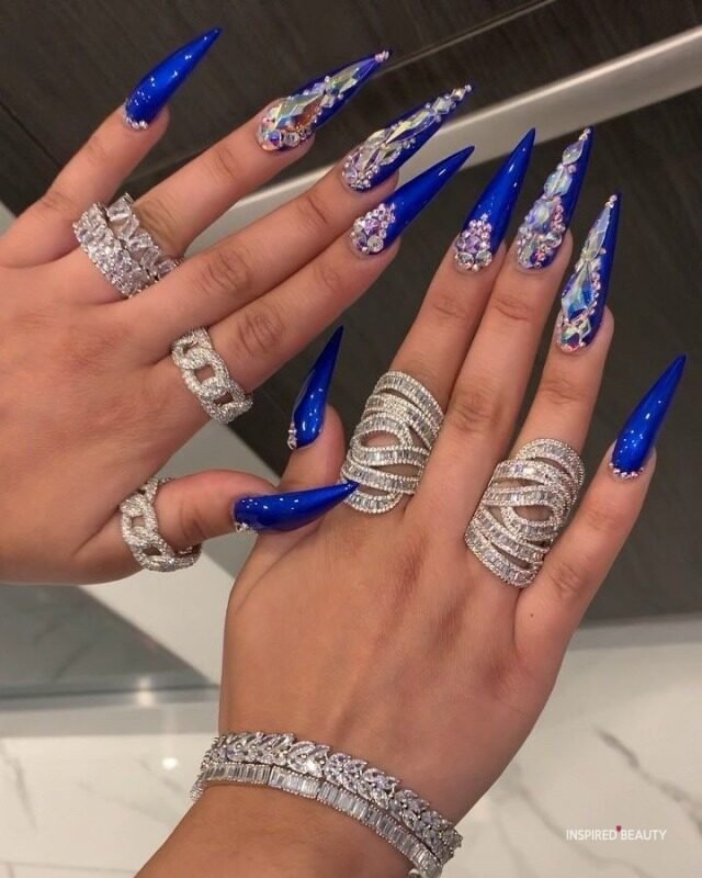 Long Pointed Blue Acrylic Nails