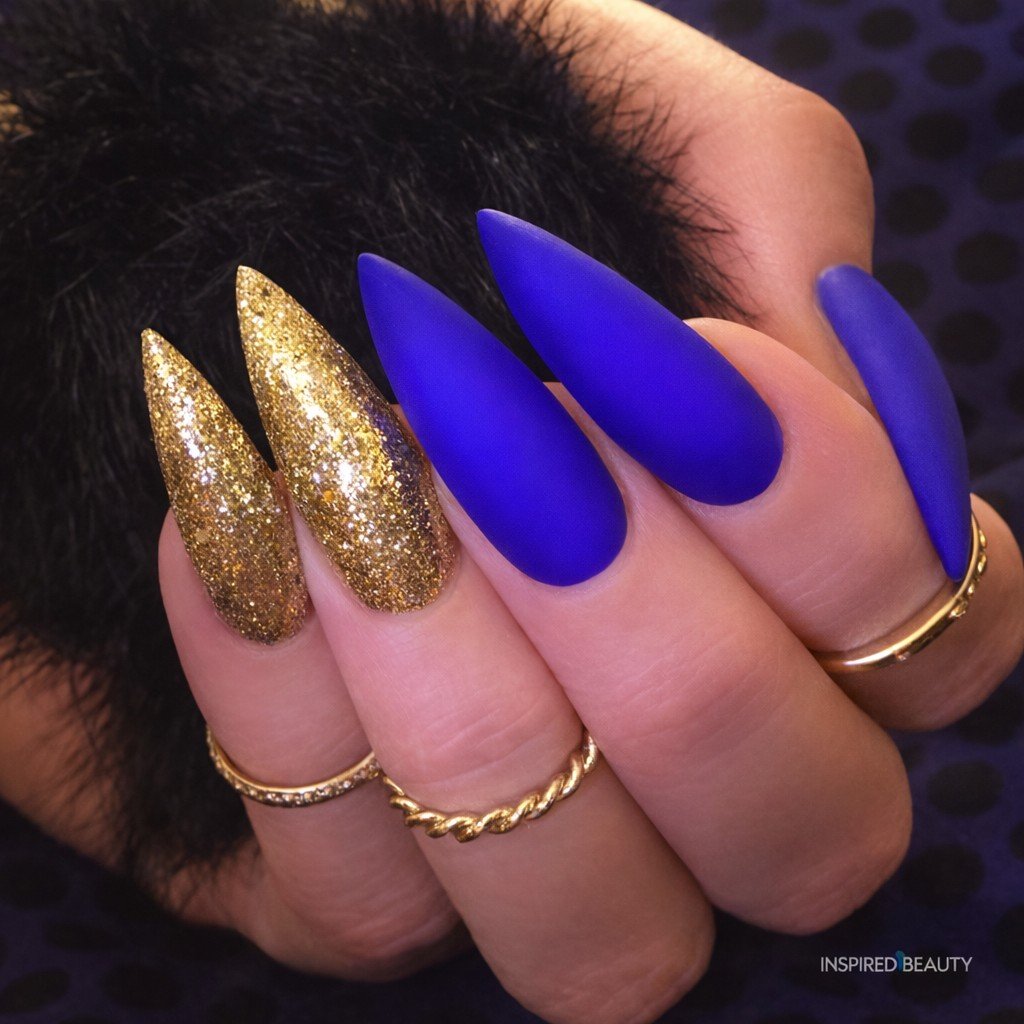 Glitter Silver & Blue Long Nails