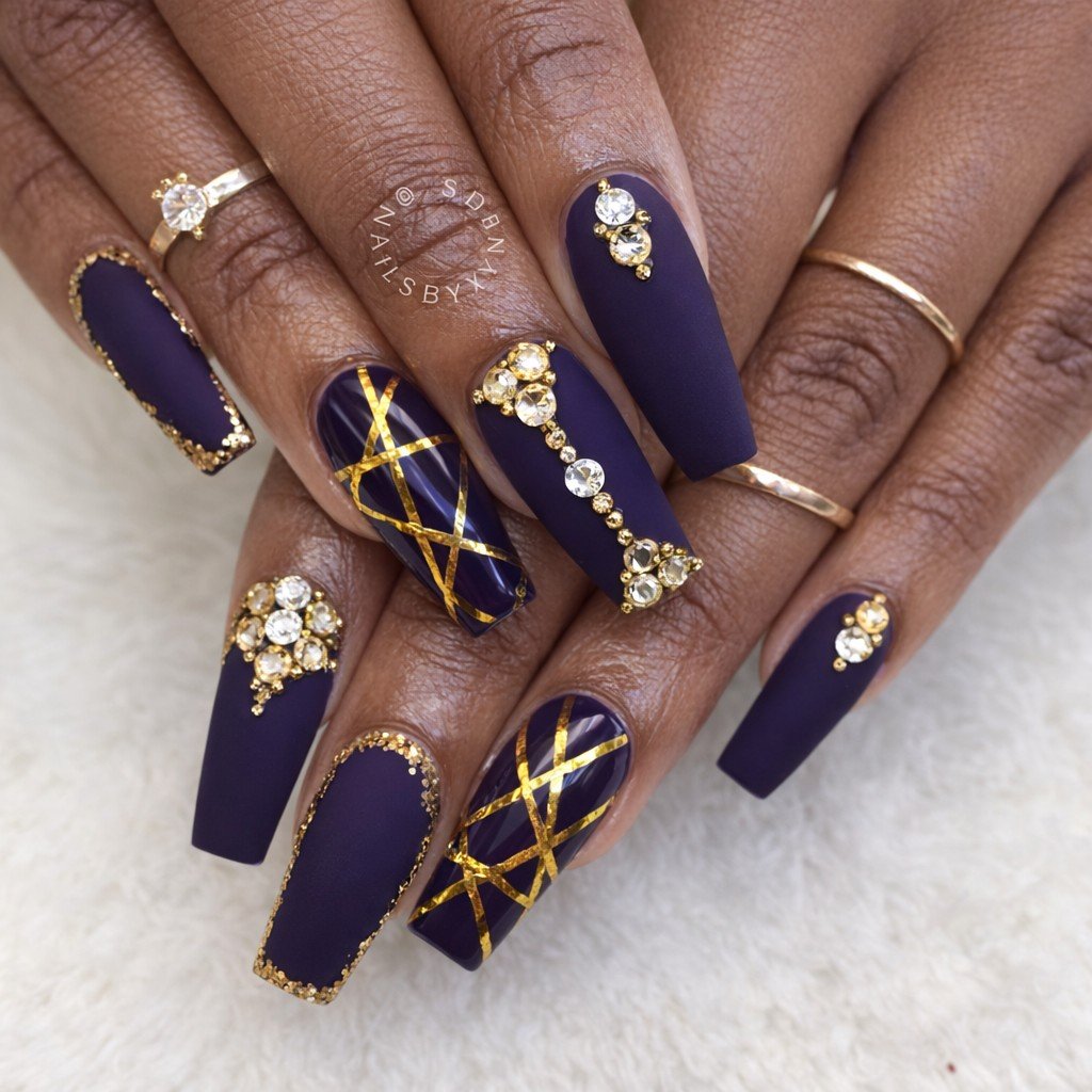 Gold & Blue Acrylic Nail Design