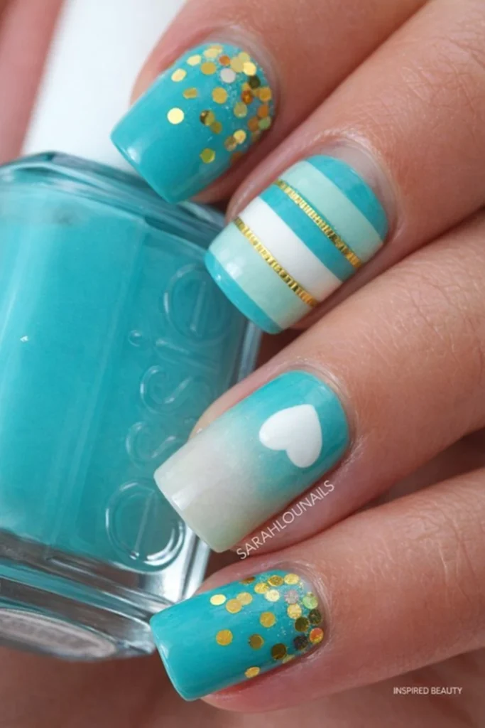 Ombre Blue with White Hearts Nails