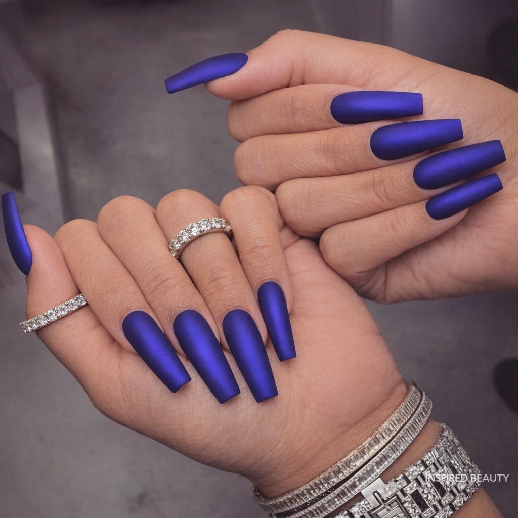 Simple Long Coffin Blue Nails