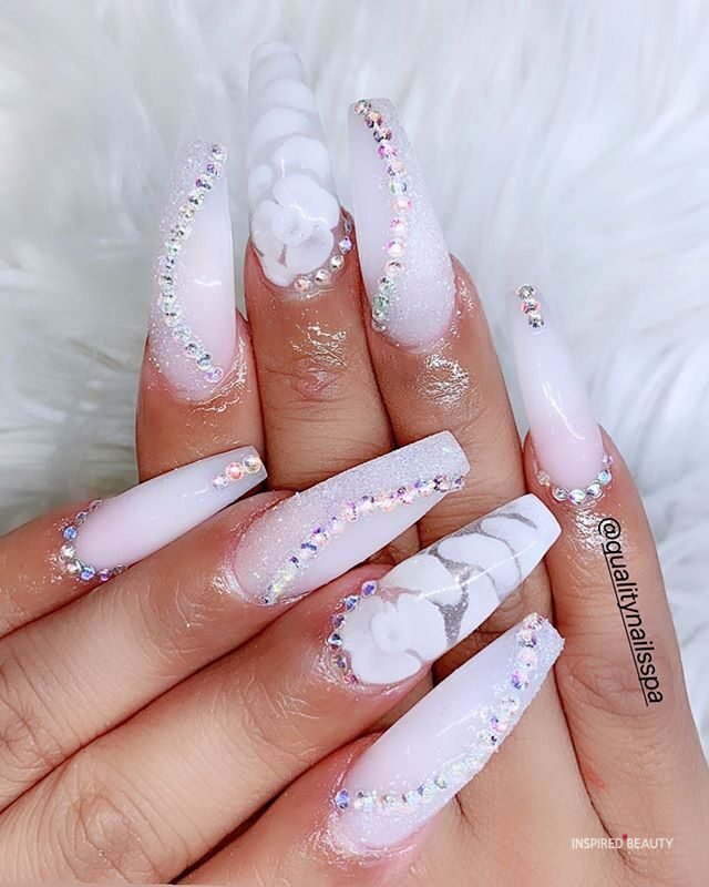 Long Coffin Nails With Rhinestones, white