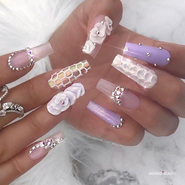 Long Coffin Nails With Rhinestones