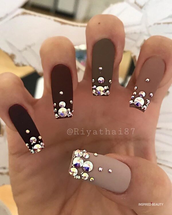 Matte Long Coffin Nails With Rhinestones