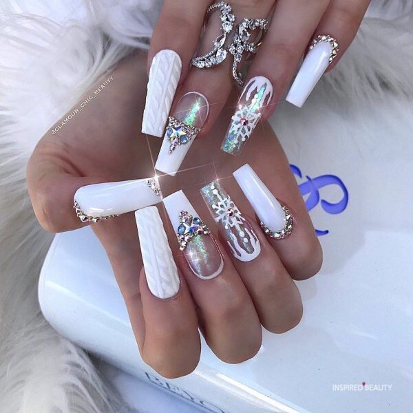 Long Coffin Nails With Rhinestones white