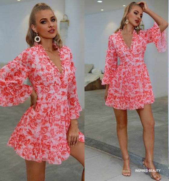 Seductive Blush Floral Mini - Pink and White Valentine Rose Dress with Heels