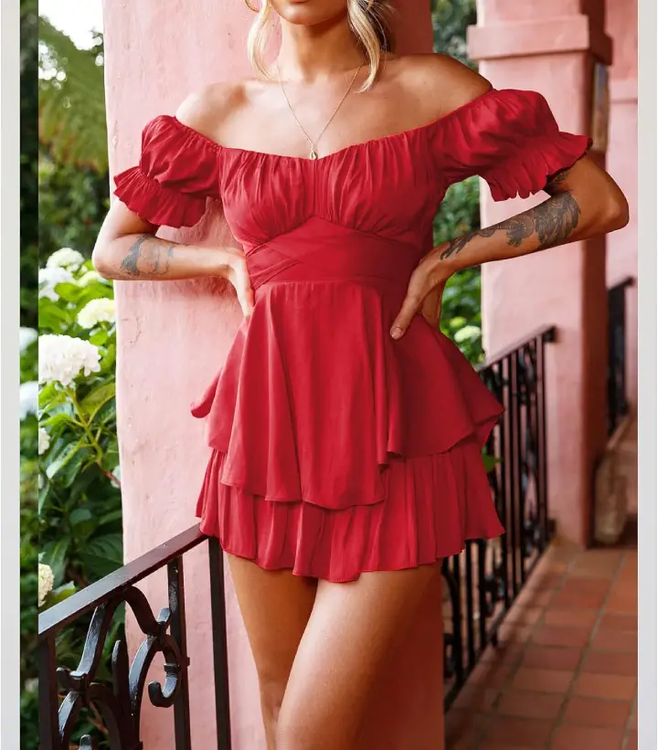 Enchanted Evening Wear - Charming Red Ruffled Rompers Jumpsuit