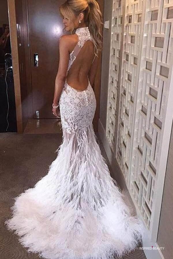 wedding dress with feather train