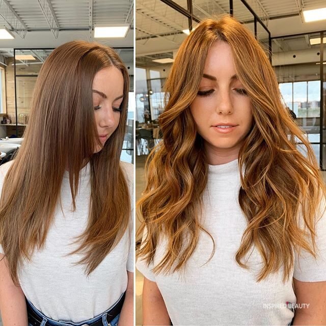 Red balayage on brown hair color