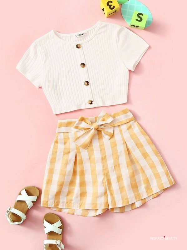 Girls Button-Up Ribbed Tee & Belted Gingham Shorts Set