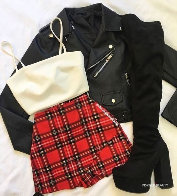 Cute Red Plaid Skirt with White Top Black Jacket and Knee High boots