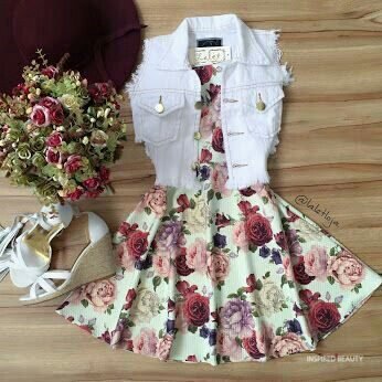 Cute Floral Sundress with White Sleeveless Jeans Jacket